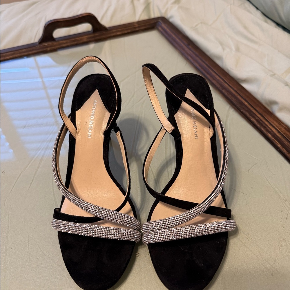 Antonio Melani Shoes - Black Velvet w/ Rhinestones Straps. Size 7.5M Worn Twice